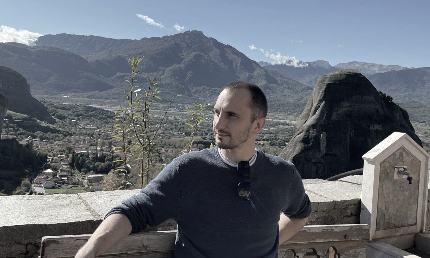 Oleg Marchik on a terrace above the Meteora valley in Greece